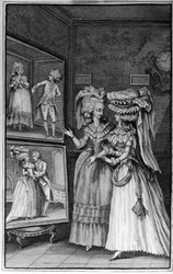 Illustration av Louis Binet (1744-1800) till Nicolas Edme Restif de La Bretonnes bok ”Les Parisiennes”, eller XL allmänna karaktärer hämtade ur samtidens seder, lämpade att tjäna till undervisning av personer av kvinnligt kön, hämtade ur memoarerna från