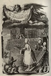 Illustration till "Den perverterade bonden eller stadens faror" av Restif de La Bretonne (1734-1806) fransk författare. Gravyr av Binet från 1700-talet.