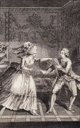Den subtiliserade mjuka biljetten (libertinage) - i "" Les francaises ou 34 exempel utvalda i nuvarande sedvänjor för att leda döttrar, kvinnor, fruar, mödrar" av Restif de La Bretonne (1734-1806), ill. av Binet, Neufchatel