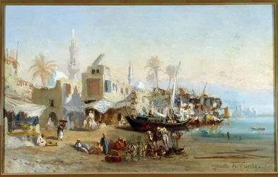 Fiskare och moskéer i hamnen i Boulack i Egypten Målning av Amable Louis Crapelet (1822-1867) Sön. 41x64 cm Obligatoriskt omnämnande: Regards de Provence foundation collection, Marseille