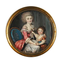 En ung dam som heter Madame de Genlis och omfamnar sin unge son