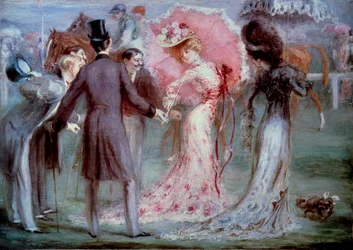 Bra tid: "" Vägning"" Män som undersöker unga kvinnor med insisterande på hästkapplöpning. Målning av Louis Anquetin (1861-1932), privat samling från 1900-talet