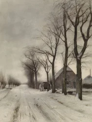 Winterlandschaft mit Bauernhof an einer Allee (Vinterlandskap med en gård på en allé)