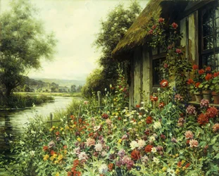 Blommor i blom utanför en stuga (olja på duk)