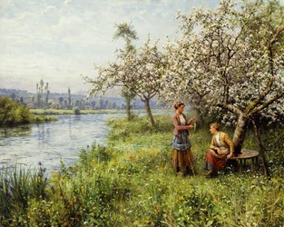 Country Women efter fiske på en sommardag (olja på duk)