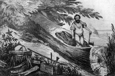 Jag grävde den utan hjälp av brandgravyr efter M. de Sainsons teckning till Daniel Defoes bok (De foe) "Robinson Crusoe"" fransk upplaga från 1837.