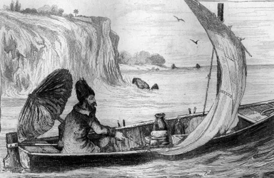 Jag drevs av den nuvarande gravyren efter M. de Sainsons teckning för Daniel Defoes bok (De foe) "Robinson Crusoe"" fransk upplaga från 1837.