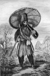 Jag bar en hatt av hög höjd... gravyr efter M. de Sainsons teckning till boken Daniel Defoe (De foe) "Robinson Crusoe"" fransk upplaga från 1837.