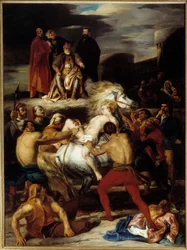 Mazeppas plåga. Mazeppa binds vid en vild häst på order av greve Palatin, som han förolämpade. Illustration till Lord Byrons dikt «Mazeppa». Målning av Louis Boulanger (1806-1867)