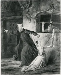 Sachette, Esmeralda och Claude Frollo, illustration till Victor Hugos (1802-85) "Ringaren i Notre Dame", 1831