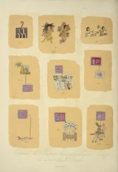 Fragment av aztekiska hieroglyfmålningar, från Codex Telleriano-Remensis, illustration från "Views of the Cordilleras and Monuments of the Indigenous Peoples of America" ​​av Alexander von Humboldt och Aime Bonpland