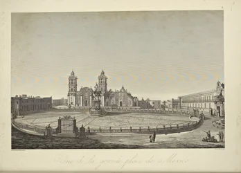 Utsikt över huvudtorget, Mexico City, illustration från "Views of the Cordilleras and Monuments of the Ursprungsbefolkning i Amerika" av Alexander von Humboldt och Aime Bonpland