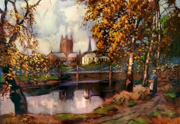 Hereford Cathedral, från flodpromenaden, Herefordshire, 1924-1926.