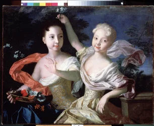 ""Porträtt av storhertiginnorna Anna Petrovna (1708-1728) och Elisabeth Petrovna (1709-1761) (som kommer att bli kejsarinna av Ryssland under namnet Elisabeth I). Målning av Louis Caravaque (1684-1754) 1717 State Russian Museum Saint Petersburg