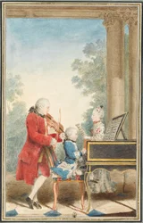 Porträtt av Wolfgang Amadeus Mozart (Salzburg 1756-Wien 1791) när han spelar i Paris med sin far Jean-Georg-Léopold och sin syster Maria-Anna.