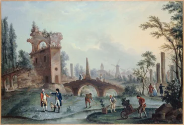 Utsikt över Monceaus trädgårdar, ca 1778 (olja på duk)