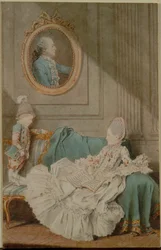 Madame Millin du Perreux och hennes son, med ett målat porträtt..., ca. 1760.