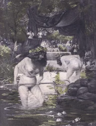 Ginerva och Isotta, illustration från Decameron av Boccaccio publicerad av Navarre Society 1930-talet (litho)