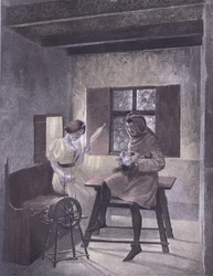 Simona spinning, illustration från Decameron of Boccaccio publicerad av Navarre Society 1930-talet (litho)