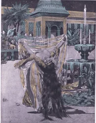 The Soldan of Babylons dotter dansar, illustration från Decameron of Boccaccio publicerad av Navarre Society 1930-talet (litho)