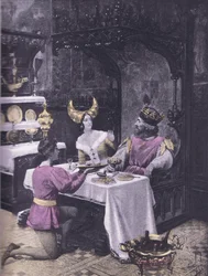 The middag av höns, illustration från Decameron av Boccaccio publicerad av Navarre Society 1930-talet (litho)