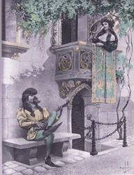 Den dåraktiga älskaren, illustration från Decameron of Boccaccio publicerad av Navarre Society 1930-talet (litho)