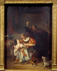 Ärkediakonen Frollo och Esmeralda Phoebus och Esmeralda hänger ihop, bakom Phoebus dyker Claude Frollo upp med en dolk för att döda sin rival i zigenarens hjärta. Illustration av "Notre Dame de Paris" av Victor Hugo (1802-1885). Målning av Auguste Couder (