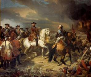 Slaget vid Lawfeld som vanns av marechalen av Sachsen den 27/07/1747. Kung Ludvig XV:s franska armé vann över britterna av hertigen av Cumberland. Målning av Louis Charles Auguste Couder (1789-1873) 1836 Sön. 4,65x5,43 m -Slaget vid Lauffeld