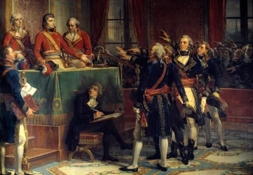 De tre konsulerna: Bonaparte, Cambaceres och Lebrun som tar emot presidenternas eder Till höger, Emmanuel-Joseph (Emmanuel Joseph) Sieyes (1748-1836) och Pierre-Roger (Pierre Roger) Ducos (Roger Ducos) (1747-1816). Målning av Louis Charles Auguste Coud