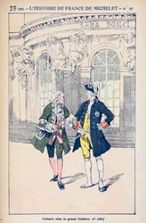 Francois Voltaire (1694-1778) med kung Fredrik II av Preussen (1712-86) i Sanssouci nära Potsdam, ur "Histoire de France" av Jules Michelet (1798-1874) omkring 1900.