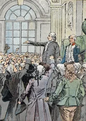Franska revolutionen: "" Deputerade Jean Sylvain Bailly (1736-1793) valdes till borgmästare i Paris den 15/07/1789 i närvaro av La Fayette"" (politisk ledare Jean-Sylvain Bailly valdes till borgmästare i Paris den 15 juli 1789) Illustration av Louis Charle