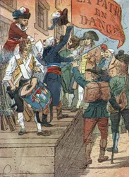 Franska revolutionens krig: frivilliga värvningar efter Frankrikes nederlag i kriget mellan det revolutionära Frankrike och kontrarevolutionära monarkierna, den franska församlingen proklamerar faran för hemlandet, 22 juli 1792) Illustration av Louis Charl