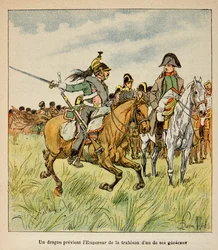 Illustration av Bombled Louis (1862-1927) från greve Emmanuel de Las Cases (1766-1842): en drake varnar kejsaren för sveket mot en av hans generaler i slaget vid Waterloo i juni 1815, privat samling
