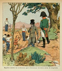 Illustration av Bombled Louis (1862-1927) från greve Emmanuel de Las Cases "The Memorial of Saint Helene" (1766-1842): Napoleon undersöker befästningarna som guvernör Hudson Lowe (1769-1844) reste runt Longwood, privat samling