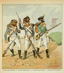 Illustration av Bombled Louis (1862-1927) från boken "The Memorial of Saint Helene" av greve Emmanuel de Las Cases (1766-1842): The Young Guard of 1806: värnpliktig grenadjär; skyttegrenadjär och flankerjägare, Privat samling