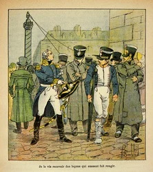 Illustration av Bombled Louis (1862-1927) från boken "The Memorial of Saint Helene" av greve Emmanuel de Las Cases (1766-1842): En före detta officer från Napoleon, under restaurering, uppmanar tidigare värnpliktiga att avvisa den kejserliga regimen, Samli