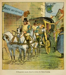 Illustration av Bombled Louis (1862-1927) från boken "The Memorial of Saint Helene" av greve Emmanuel de Las Cases (1766-1842): Kejsar Napoleon åker i bilen för att träffa sin fru Marie Louise 1810, privat samling