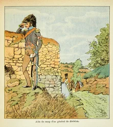 Illustration av Bombled Louis (1862-1927) från boken "The Memorial of Saint Helene" av greve Emmanuel de Las Cases (1766-1842): Aide de camp av en divisionsgeneral från den franska armén, privat samling