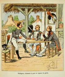 Illustration av Bombled Louis (1862-1927) från boken "The Memorial of Saint Helene" av greve Emmanuel de Las Cases (1766-1842): Armee Francaise: Voltigeur; andens jägare och sapeur, Privat samling