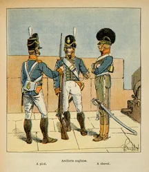 Illustration av Bombled Louis (1862-1927) från boken "The Memorial of Saint Helene" av greve Emmanuel de Las Cases (1766-1842): Engelskt artilleri: Till fots; Till häst, Privat samling