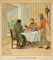 Illustration av Bombled Louis (1862-1927) från boken "The Memorial of Saint Helene" av greve Emmanuel de Las Cases (1766-1842): Middag mellan Las Cases och väktaren, privat samling