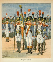 Illustration av Bombled Louis (1862-1927) från boken "The Memorial of Saint Helene" av greve Emmanuel de Las Cases (1766-1842): The Guard of the Eagle (skapad av Napoleon för att skydda flaggan), Privat samling