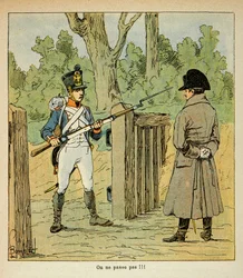 Illustration av Bombled Louis (1862-1927) från boken "The Memorial of Saint Helene" av greve Emmanuel de Las Cases (1766-1842): Napoleon besökte vissa poster inför ett slag som stoppades av en vakt, privat samling