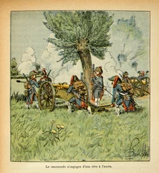 Illustration av Bombled Louis (1862-1927) från boken "The Memorial of Saint Helene" av greve Emmanuel de Las Cases (1766-1842): Franskt artilleri under den italienska kampanjen, privat samling