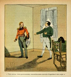 Illustration av Bombled Louis (1862-1927) från boken "The Memorial of Saint Helene" av greve Emmanuel de Las Cases (1766-1842): Kejsar Napoleon anklagar guvernör Hudson Lowe (1769-1844) för sitt beteende mot honom, Collection Partial