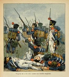 Illustration av Bombled Louis (1862-1927) från boken "The Memorial of Saint Helene" av greve Emmanuel de Las Cases (1766-1842): Grognards at the Battle of Wagram, Private Collection