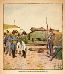 Illustration av Bombled Louis (1862-1927) från boken "The Memorial of Saint Helene" av greve Emmanuel de Las Cases (1766-1842): Kejsar Napoleon besöker befästningarna på ön Aix efter sin abdikation, Privatsamling