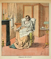 Illustration av Bombled Louis (1862-1927) från boken "The Memorial of Saint Helene" av greve Emmanuel de Las Cases (1766-1842): Den sjuke kejsaren Napoleon i St. Helene, privat samling
