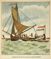 Illustration av Bombled Louis (1862-1927) från boken "The Memorial of Saint Helene" av greve Emmanuel de Las Cases (1766-1842): Napoleon donerade en båt till en holländsk pilot under hans besök i Holland