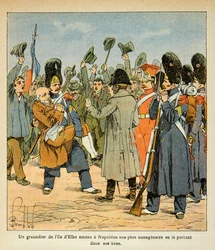 Illustration av Bombled Louis (1862-1927) från boken "The Memorial of Saint Helene" av greve Emmanuel de Las Cases (1766-1842): En grenadjär tar med sin far till Napoleon genom att bära honom i famnen när han återvänder från ön Elba , menig överste